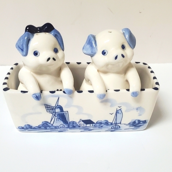 Delft Other - Vintage Delft Salt & Pepper Shakers Matching Tray  Blue Delft Pigs in a Trough